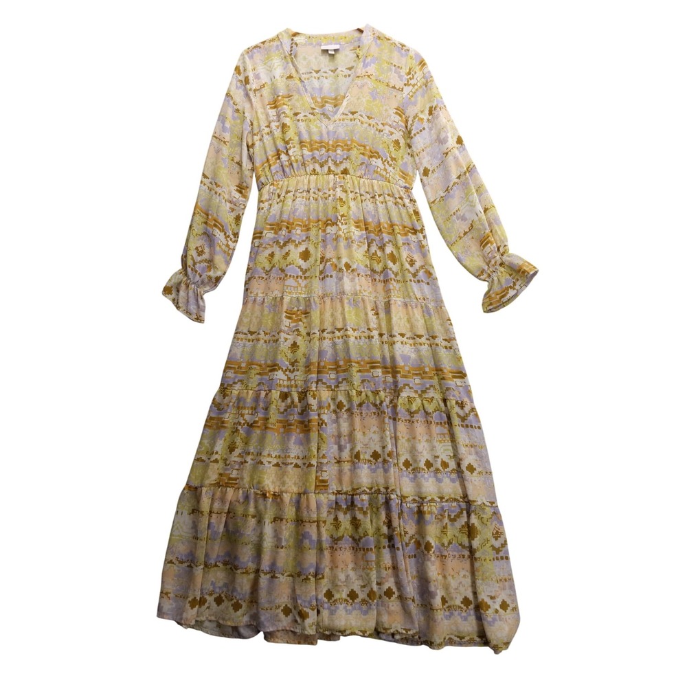 Shyanne Tiered Maxi Dress Boho Print‎ V Neck Long Sleeve Sz M